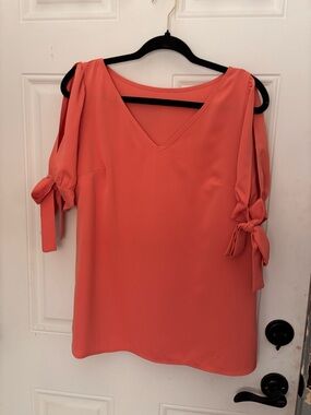 Coral V-Neck Blouse with Bow Tie Sleeves